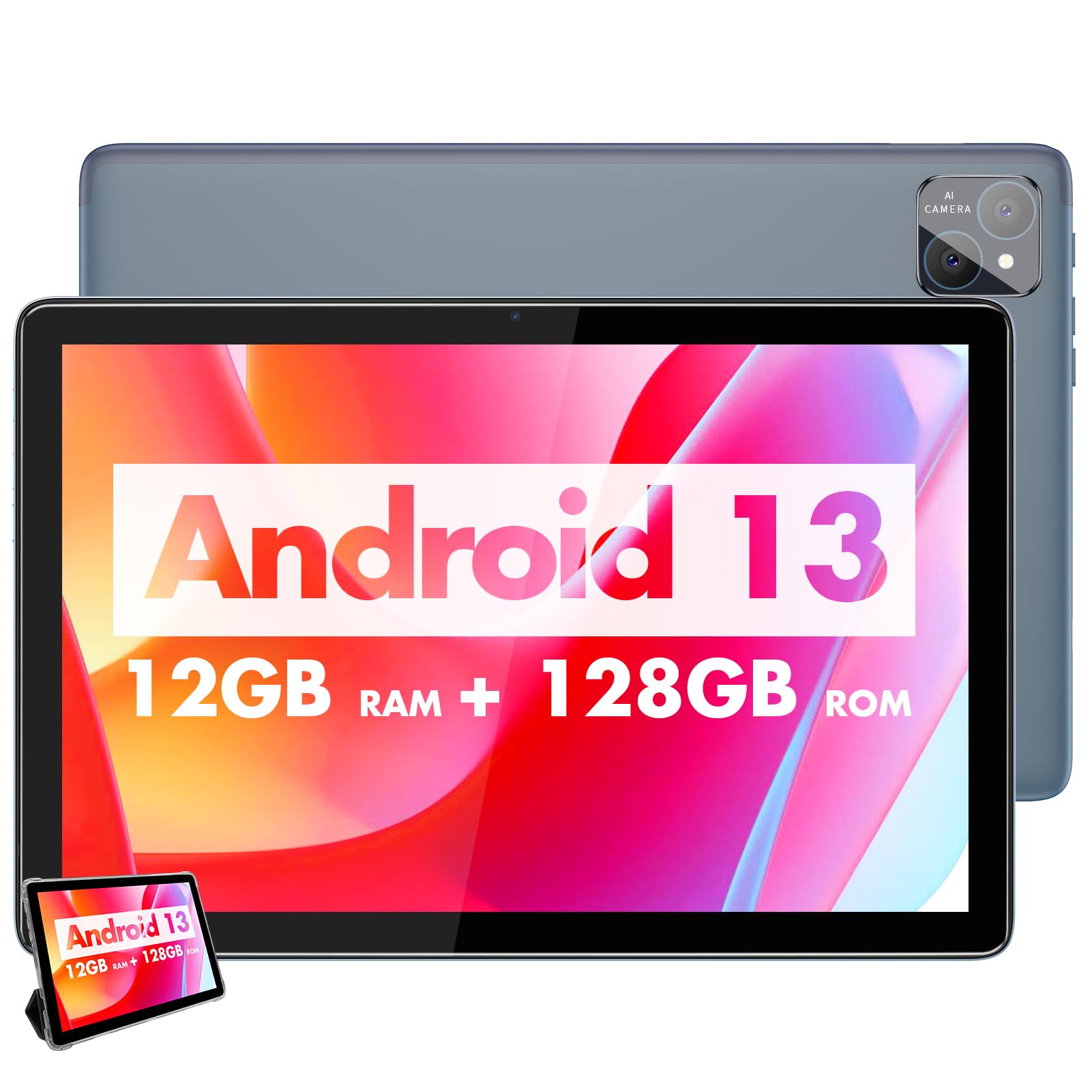 NEWISION Android Tablet 10 inch,Android 13 4G Phone Tablets,12GB(6+6GB Expand) RAM 128GB ROM,Dual 8MP+5MP Camera,5G WiFi,IPS HD Display 1280 * 800,Bluetooth 5.0, GPS, 8000mAh, Tablet with Case,Gray