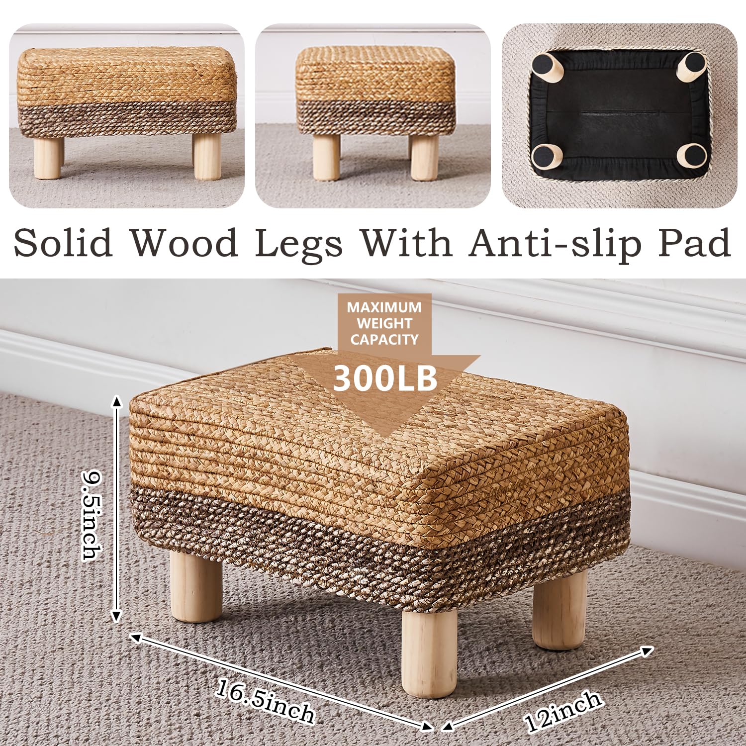 Cpintltr Foot Stool Ottoman Rectangular Footrest Pouf Ottomans Natural Seagrass Footstool with Wooden Legs Hand Weave Step Stool for Living Room Bedroom Entryway Purple