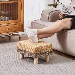 Cpintltr Foot Stool Ottoman Rectangular Footrest Pouf Ottomans Natural Seagrass Footstool with Wooden Legs Hand Weave Step Stool for Living Room Bedroom Entryway Purple