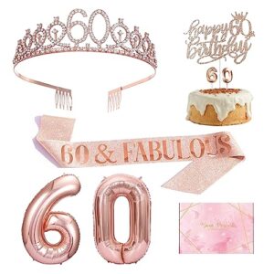 60th birthday gifts for women rose gold, 60 years old birthday tiara, sash, balloons, cake topper, candle and glasses for 60th birthday party decoration, 6 pcs