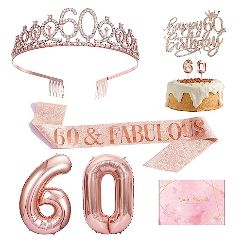 60th Birthday Gifts for Women Rose Gold, 60 Years Old Birthday Tiara, Sash, Balloons, Cake Topper, Candle and Glasses for 60th Birthday Party Decoration, 6 PCS