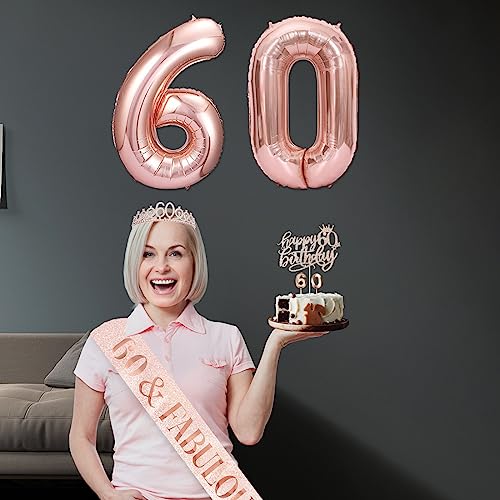 60th Birthday Gifts for Women Rose Gold, 60 Years Old Birthday Tiara, Sash, Balloons, Cake Topper, Candle and Glasses for 60th Birthday Party Decoration, 6 PCS