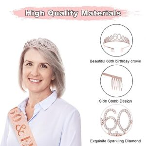 60th Birthday Gifts for Women Rose Gold, 60 Years Old Birthday Tiara, Sash, Balloons, Cake Topper, Candle and Glasses for 60th Birthday Party Decoration, 6 PCS