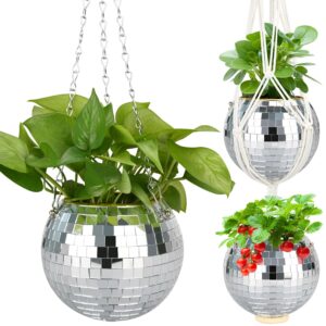 fgbnm 1/2/3pcs disco ball planter, 4"/6"/8" planter, silver/rose gold planter, disco ball plant hanger with hanging rope, hanging chain, hook, circle and extra mirror pieces (6" silver, 1pcs)