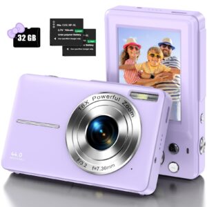 Digital Camera, Kids Camera with 32GB Card FHD 1080P 44MP Vlogging Camera with LCD Screen 16X Zoom Compact Portable Mini Rechargeable Camera Gifts for Students Teens Adults Girls Boys-Purple