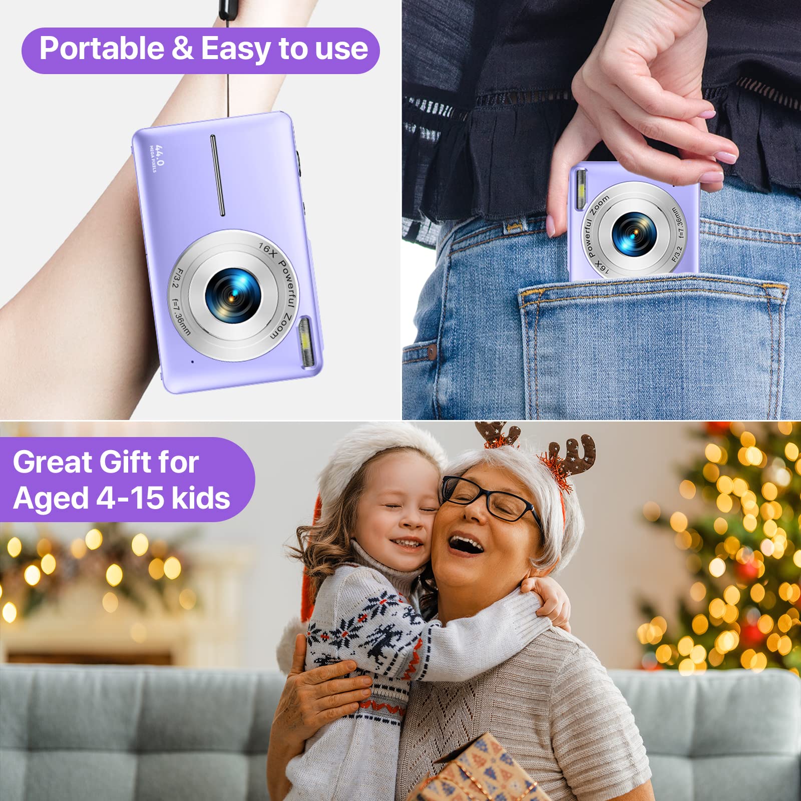 Digital Camera, Kids Camera with 32GB Card FHD 1080P 44MP Vlogging Camera with LCD Screen 16X Zoom Compact Portable Mini Rechargeable Camera Gifts for Students Teens Adults Girls Boys-Purple