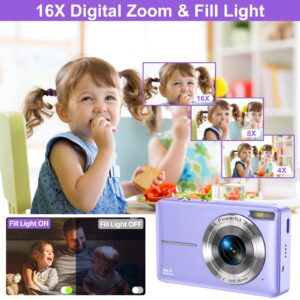 Digital Camera, Kids Camera with 32GB Card FHD 1080P 44MP Vlogging Camera with LCD Screen 16X Zoom Compact Portable Mini Rechargeable Camera Gifts for Students Teens Adults Girls Boys-Purple