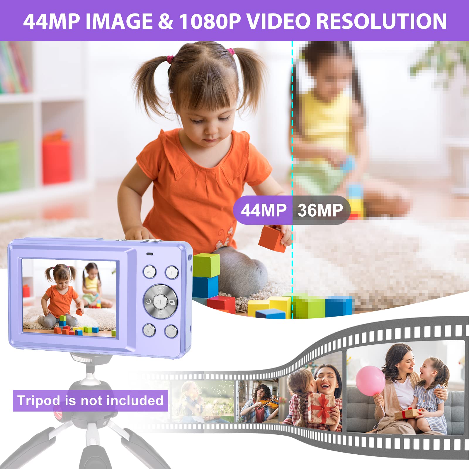 Digital Camera, Kids Camera with 32GB Card FHD 1080P 44MP Vlogging Camera with LCD Screen 16X Zoom Compact Portable Mini Rechargeable Camera Gifts for Students Teens Adults Girls Boys-Purple