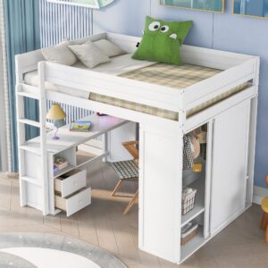harper & bright designs full size loft bed with wardrobes and desk, solid wood loft bed frame with 2 storage drawers cabinet, for kids teens adults (white)