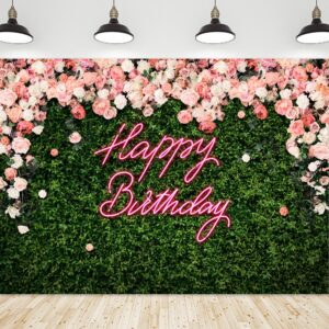 riyidecor green leaves happy birthday backdrop for women neon flower wall pink rose floral blossom botanical plant nature 7wx5h feet girls photography background birthday photo studio shoot fabric