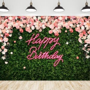 Riyidecor Green Leaves Happy Birthday Backdrop for Women Neon Flower Wall Pink Rose Floral Blossom Botanical Plant Nature 7Wx5H Feet Girls Photography Background Birthday Photo Studio Shoot Fabric