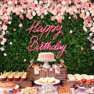 Riyidecor Green Leaves Happy Birthday Backdrop for Women Neon Flower Wall Pink Rose Floral Blossom Botanical Plant Nature 7Wx5H Feet Girls Photography Background Birthday Photo Studio Shoot Fabric