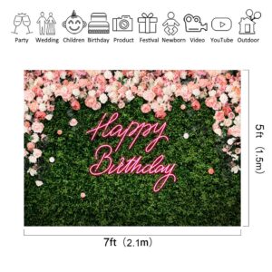 Riyidecor Green Leaves Happy Birthday Backdrop for Women Neon Flower Wall Pink Rose Floral Blossom Botanical Plant Nature 7Wx5H Feet Girls Photography Background Birthday Photo Studio Shoot Fabric