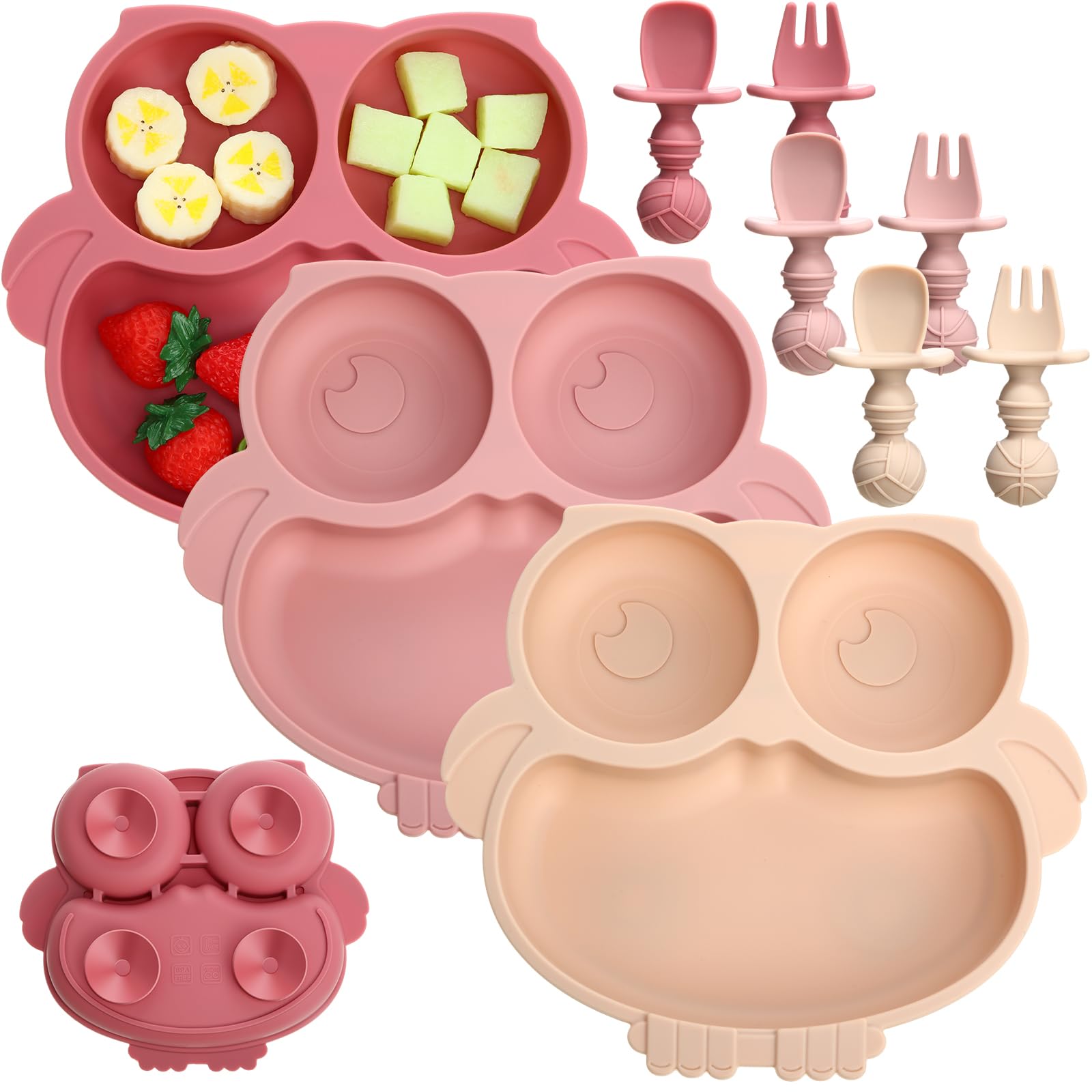 3 Sets Suction Plate for Baby Silicone Owl Shape Toddler Plates with Spoon and Fork Feeding Baby Plates Microwave and Dishwasher Safe Divided Plates for Baby Kids (Beige, Dark Pink, Light Pink)