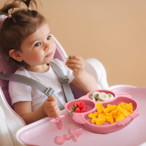 3 Sets Suction Plate for Baby Silicone Owl Shape Toddler Plates with Spoon and Fork Feeding Baby Plates Microwave and Dishwasher Safe Divided Plates for Baby Kids (Beige, Dark Pink, Light Pink)