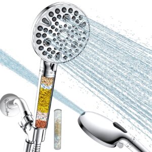 high pressure handheld shower head 4.7" large, 10-mode detachable shower head with hard water filter & adjustable bracket, anti-clog & powerful to clean tile & pets, with 80" hose - polished chrome