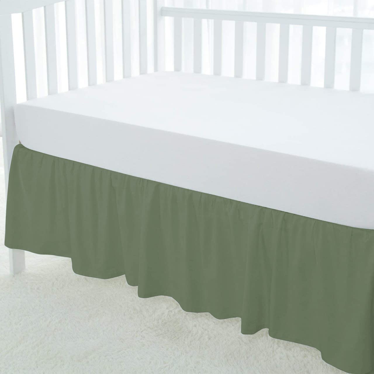 Crib Ruffle Bed Skirt Microfiber Nursery Bedding Skirt for Baby Girls (28” x 52” x 14’’) Sage Solid