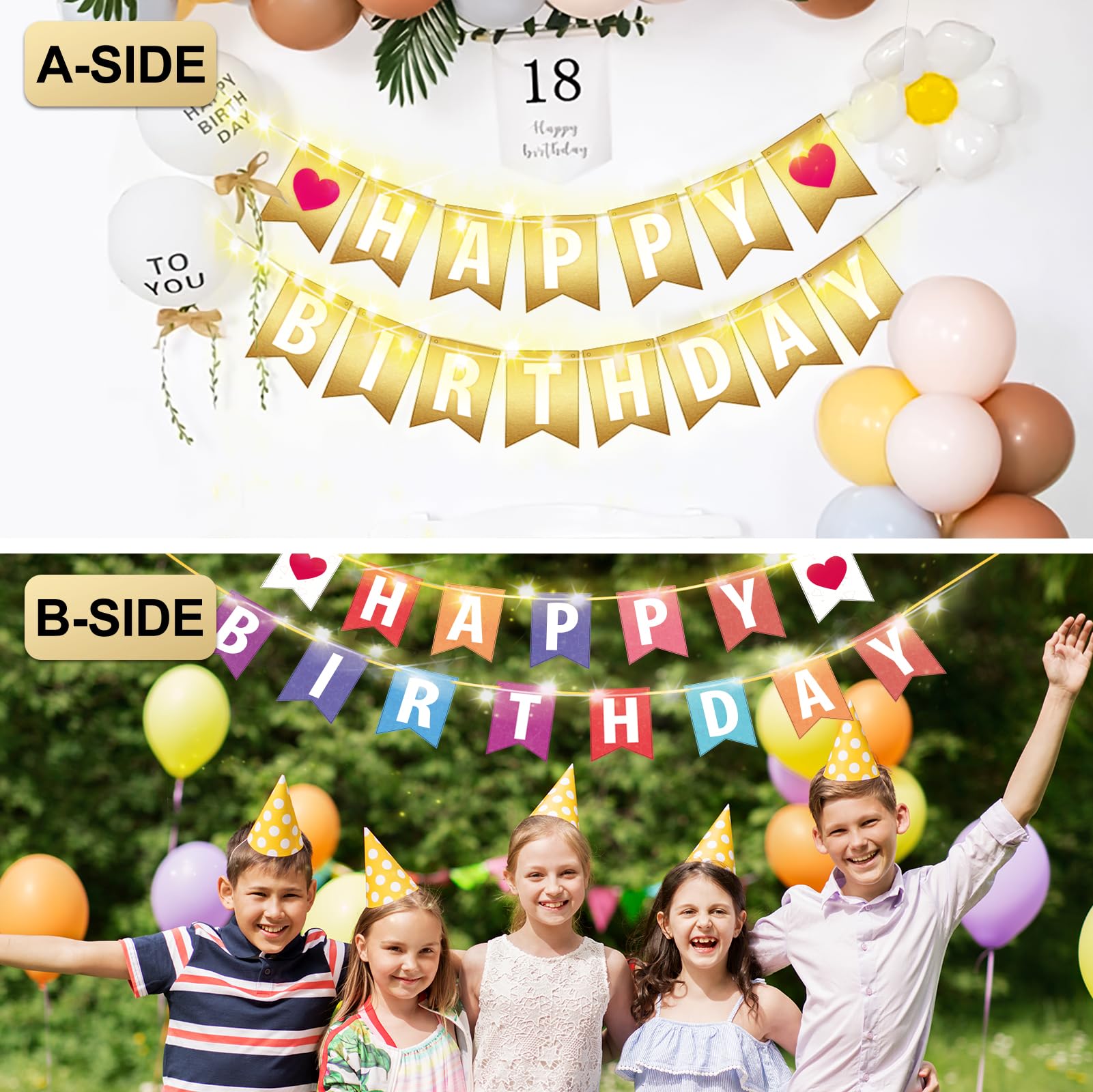 HXWEIYE Happy Birthday Banner Sign, Double Sided Birthday Banner Garland for Men Boys Baby Shower Backdrop Kids Party Supplies, Bunting Party Decorations(Colorful & Gold)