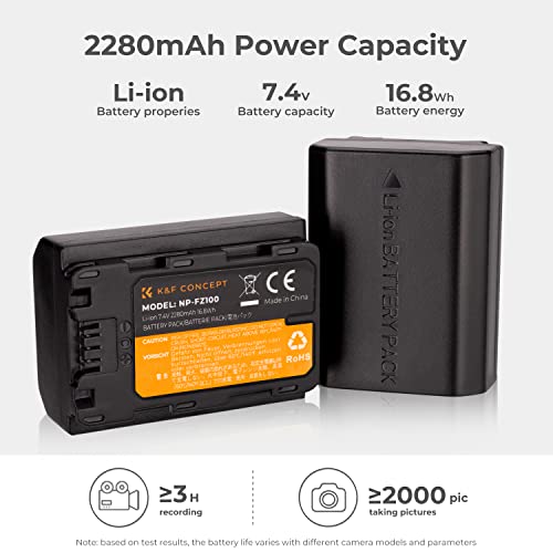 K&F Concept NP-FZ100 Battery and Dual Slot Charger Set for Sony A7iii, A7iv, A7C, ZV-E1, FX3, FX30, A9, A6600, Alpha 9, Alpha 9S, A9S, A7R3, A7R4 Camera Batteries, 2280mAH