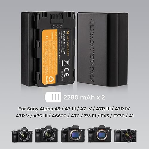 K&F Concept NP-FZ100 Battery and Dual Slot Charger Set for Sony A7iii, A7iv, A7C, ZV-E1, FX3, FX30, A9, A6600, Alpha 9, Alpha 9S, A9S, A7R3, A7R4 Camera Batteries, 2280mAH