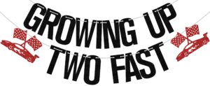growing up two fast banner, happy 2nd birthday decorations, race car theme party decors, racing party second birthday party supplies black red glitter
