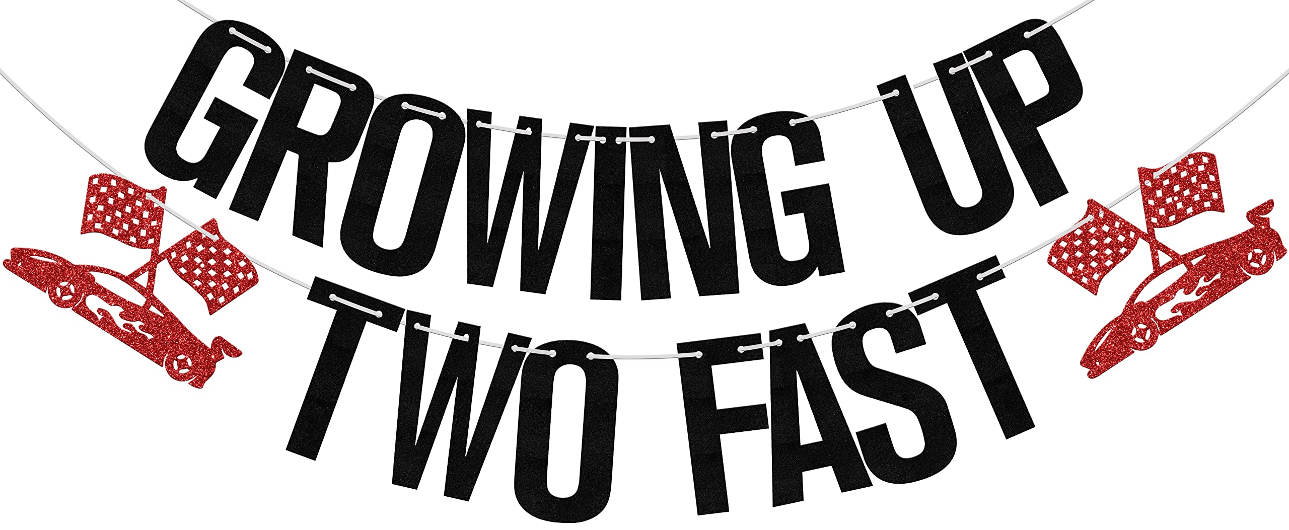 Growing Up Two Fast Banner, Happy 2nd Birthday Decorations, Race Car Theme Party Decors, Racing Party Second Birthday Party Supplies Black Red Glitter