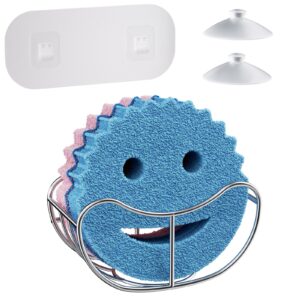 hapirm smiley face sponge holder for kitchen sink, two installation ways sink caddy with suction cups & adhesive hook, polished rustproof stainless steel sink sponge holder-silver
