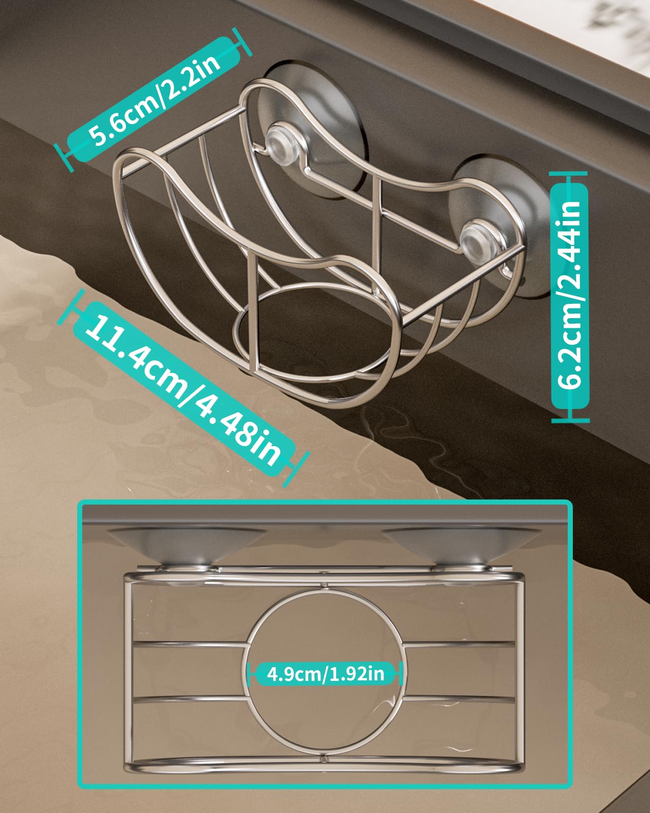 HapiRm Smiley Face Sponge Holder for Kitchen Sink, Two Installation Ways Sink Caddy with Suction Cups & Adhesive Hook, Polished Rustproof Stainless Steel Sink Sponge Holder-Silver