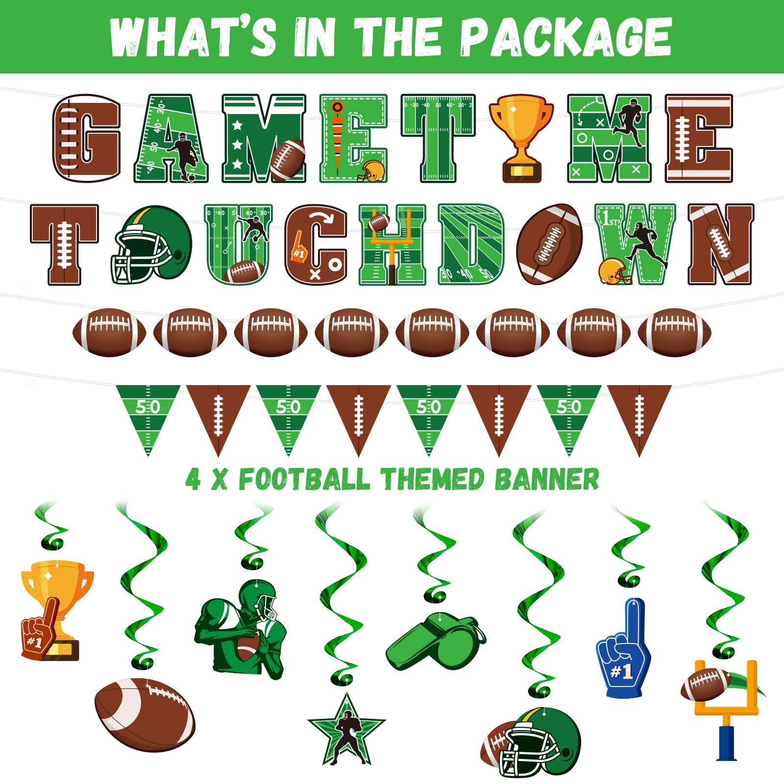 Football Hanging Swirl Decorations Football Birthday Banner Supplies Include Touch Down Game Time Pennant Banner Hanging Spirals for Sport Tailgate Game Day Party