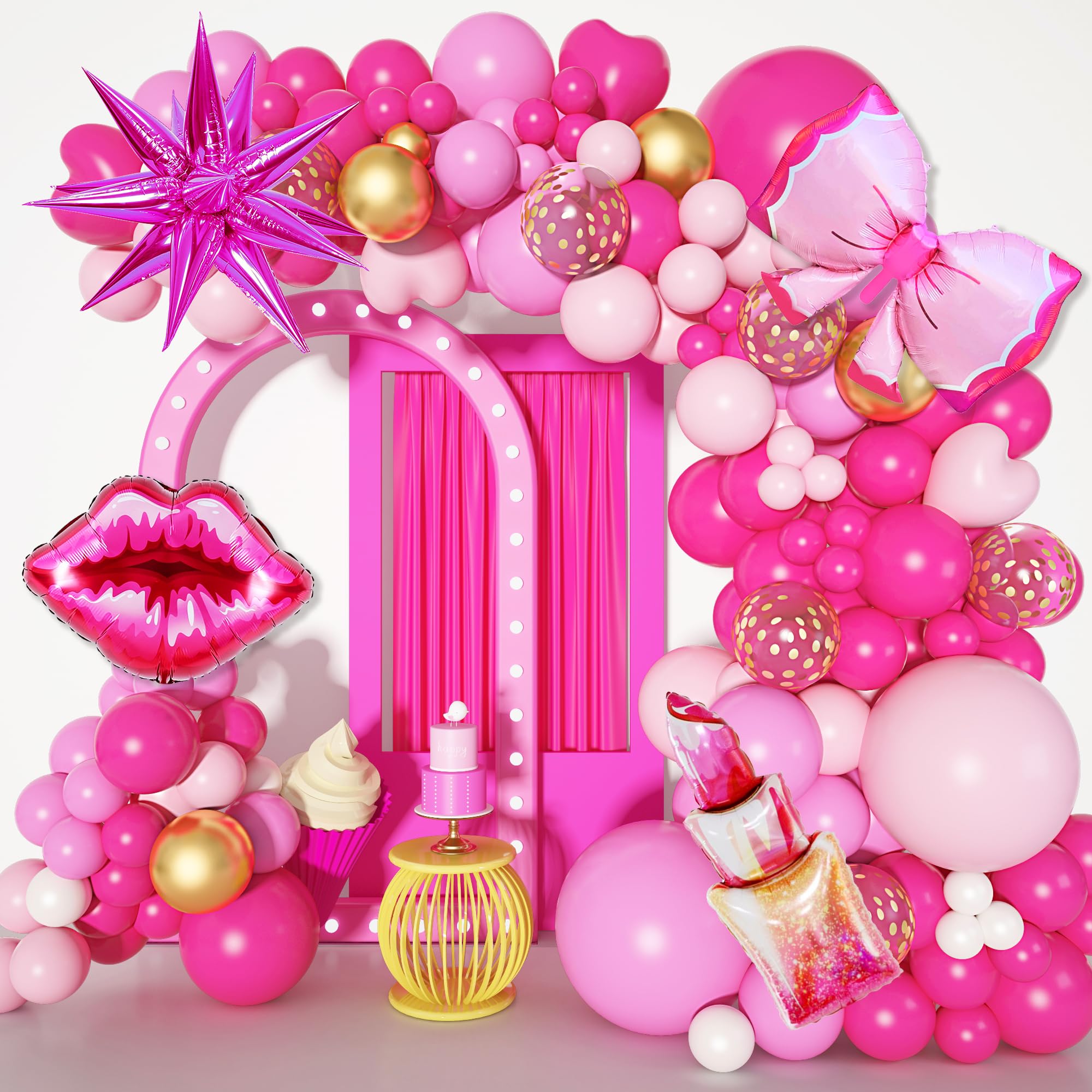 145Pcs Princess Pink Balloon Garland Arch Kit, Hot Pink Confetti 4D Star Lipstick Kiss Bow Balloons for Girls Women Valentines Bridal Baby Shower Makeup Bachelorette Princess Birthday Party Decors