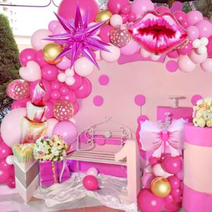 145Pcs Princess Pink Balloon Garland Arch Kit, Hot Pink Confetti 4D Star Lipstick Kiss Bow Balloons for Girls Women Valentines Bridal Baby Shower Makeup Bachelorette Princess Birthday Party Decors
