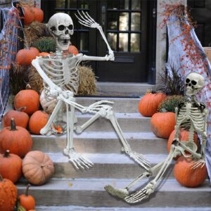 Lodou Halloween Poseable Skeleton,Adult Skeletons & Child Skeletons,Plastic Human Bones with Movable Joints for Halloween Graveyard Decorations (5.4ft & 3ft)