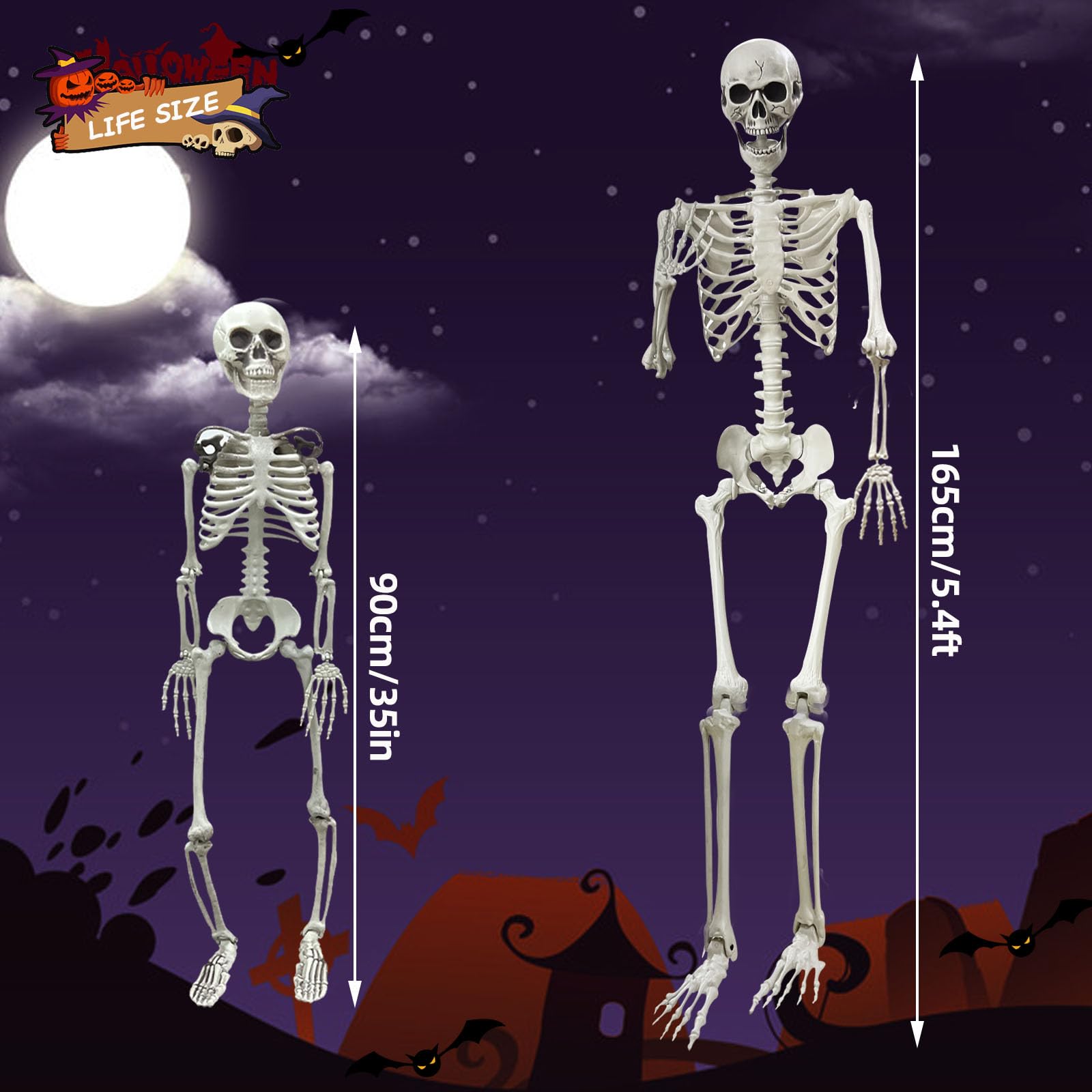 Lodou Halloween Poseable Skeleton,Adult Skeletons & Child Skeletons,Plastic Human Bones with Movable Joints for Halloween Graveyard Decorations (5.4ft & 3ft)