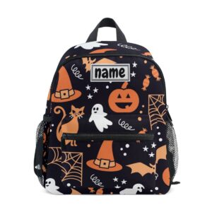 Glaphy Custom Kid's Name Backpack, Halloween Orange Black Cats Pumpkin Bats Ghosts Toddler Backpack for Daycare Travel, Personalized Name Preschool Bookbags for Boys Girls