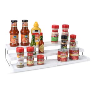 omaia 3 tier spice rack organizer - expandable 3-level seasoning & spice organization for cabinet, pantry, kitchen countertop - adjustable length with sturdy metal frame - white