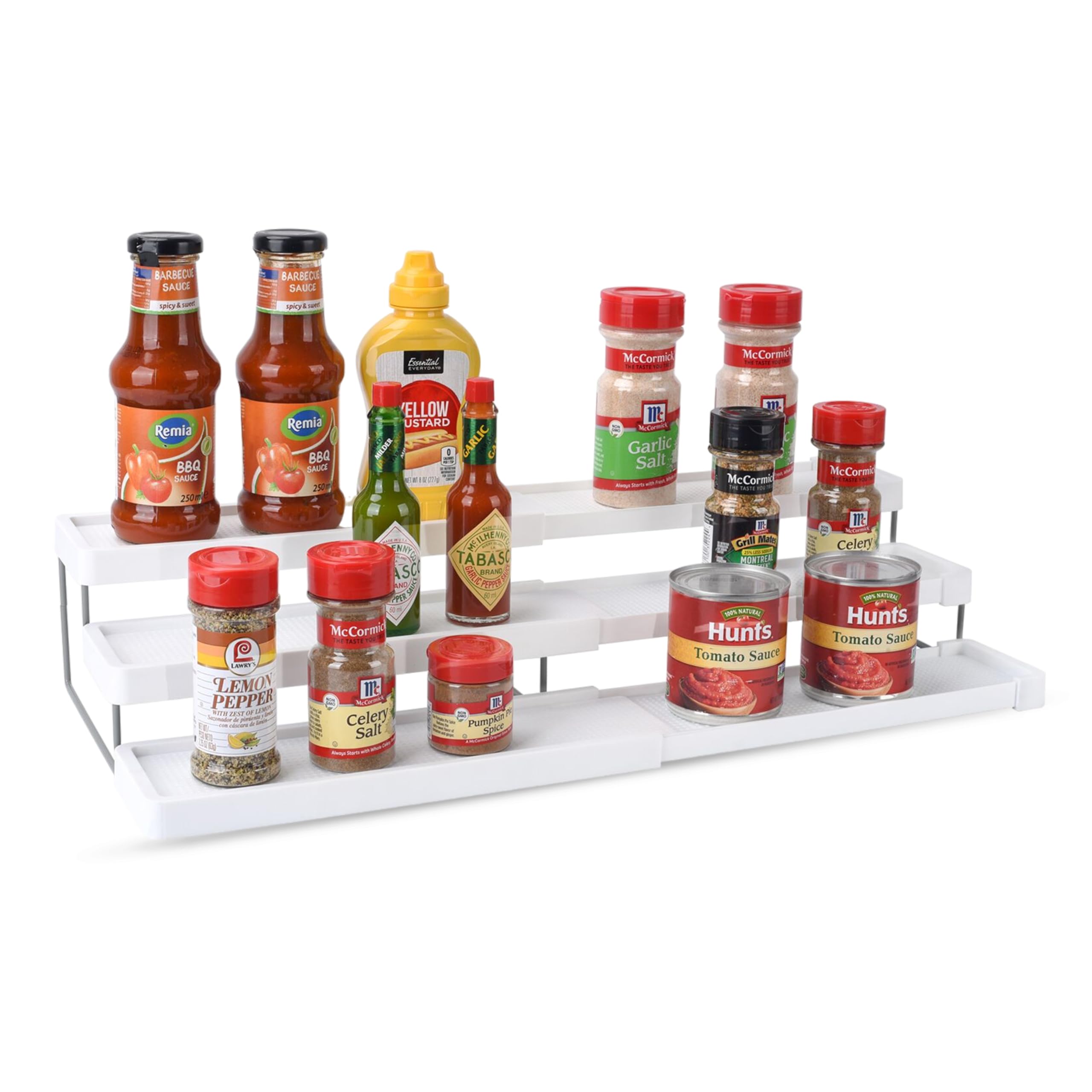 OMAIA 3 Tier Spice Rack Organizer - Expandable 3-Level Seasoning & Spice Organization for Cabinet, Pantry, Kitchen Countertop - Adjustable Length with Sturdy Metal Frame - White