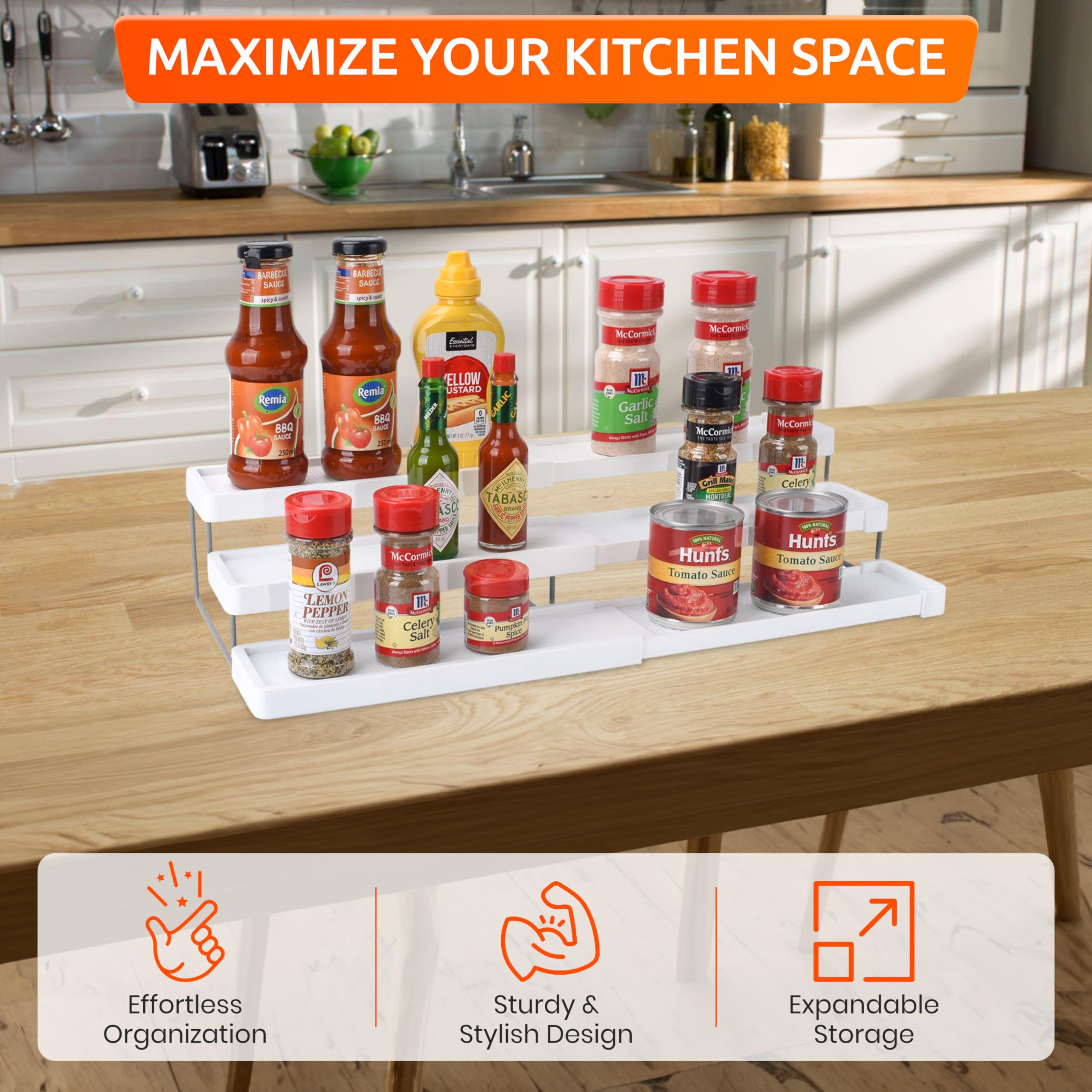 OMAIA 3 Tier Spice Rack Organizer - Expandable 3-Level Seasoning & Spice Organization for Cabinet, Pantry, Kitchen Countertop - Adjustable Length with Sturdy Metal Frame - White