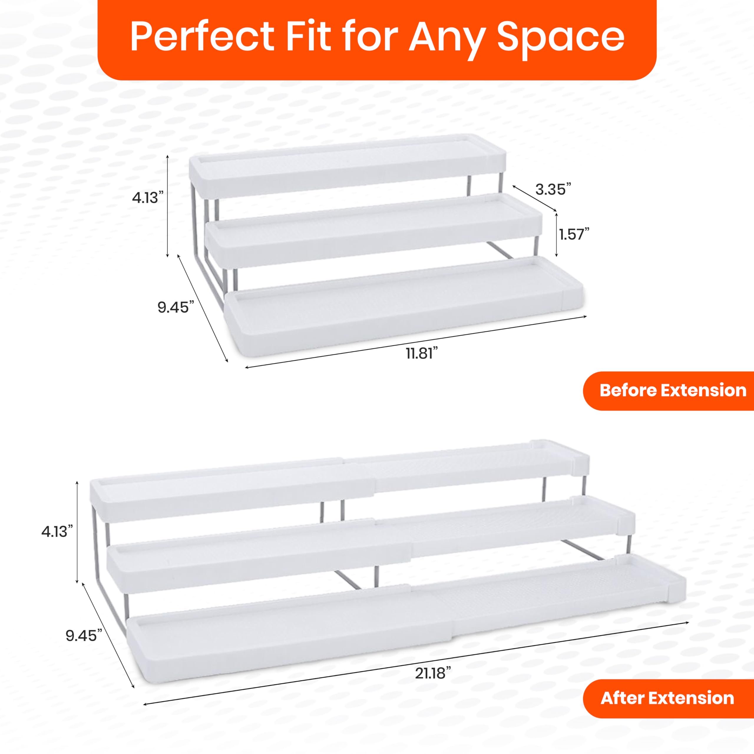 OMAIA 3 Tier Spice Rack Organizer - Expandable 3-Level Seasoning & Spice Organization for Cabinet, Pantry, Kitchen Countertop - Adjustable Length with Sturdy Metal Frame - White