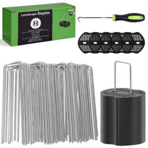 fotmishu landscape staples 6 inch 50pcs garden stakes +50pcs gasket, galvanized lawn pins 11 gauge spray coating yard ground spikes, u-type staples for weed barrier anchoring outdoor tents hoses