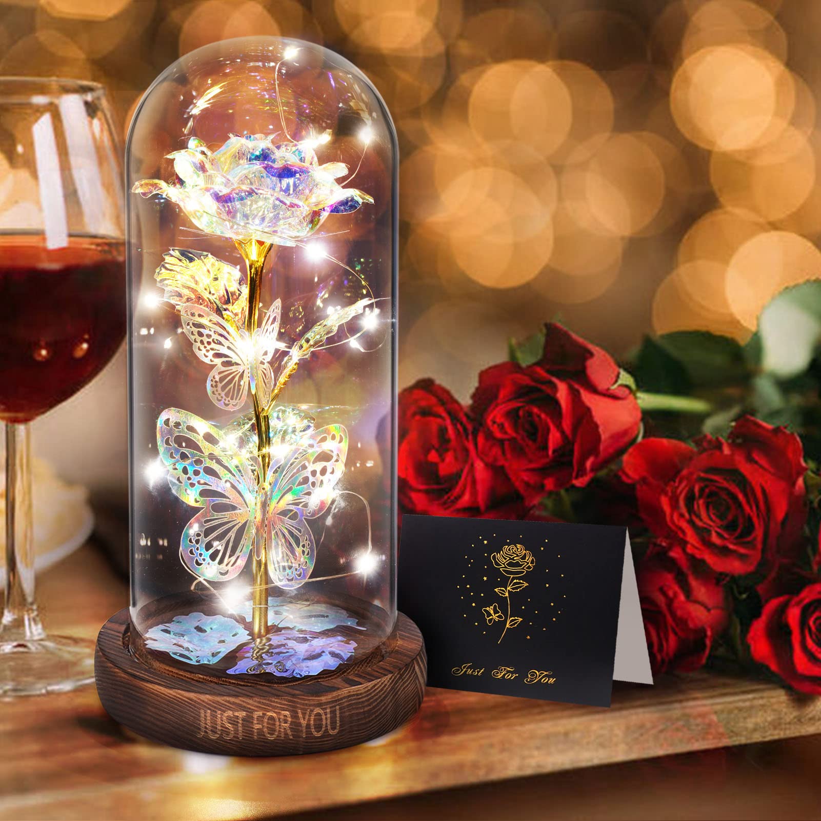 WOKEISE Mothers Day Rose Gifts for Mom,Wife,Grandma,Light Up Preserved Rose Flower Butterfly in Glass Dome,Personalized Birthday Gifts for Women,Girlfriend,Teenage Girls,Sister-Silver