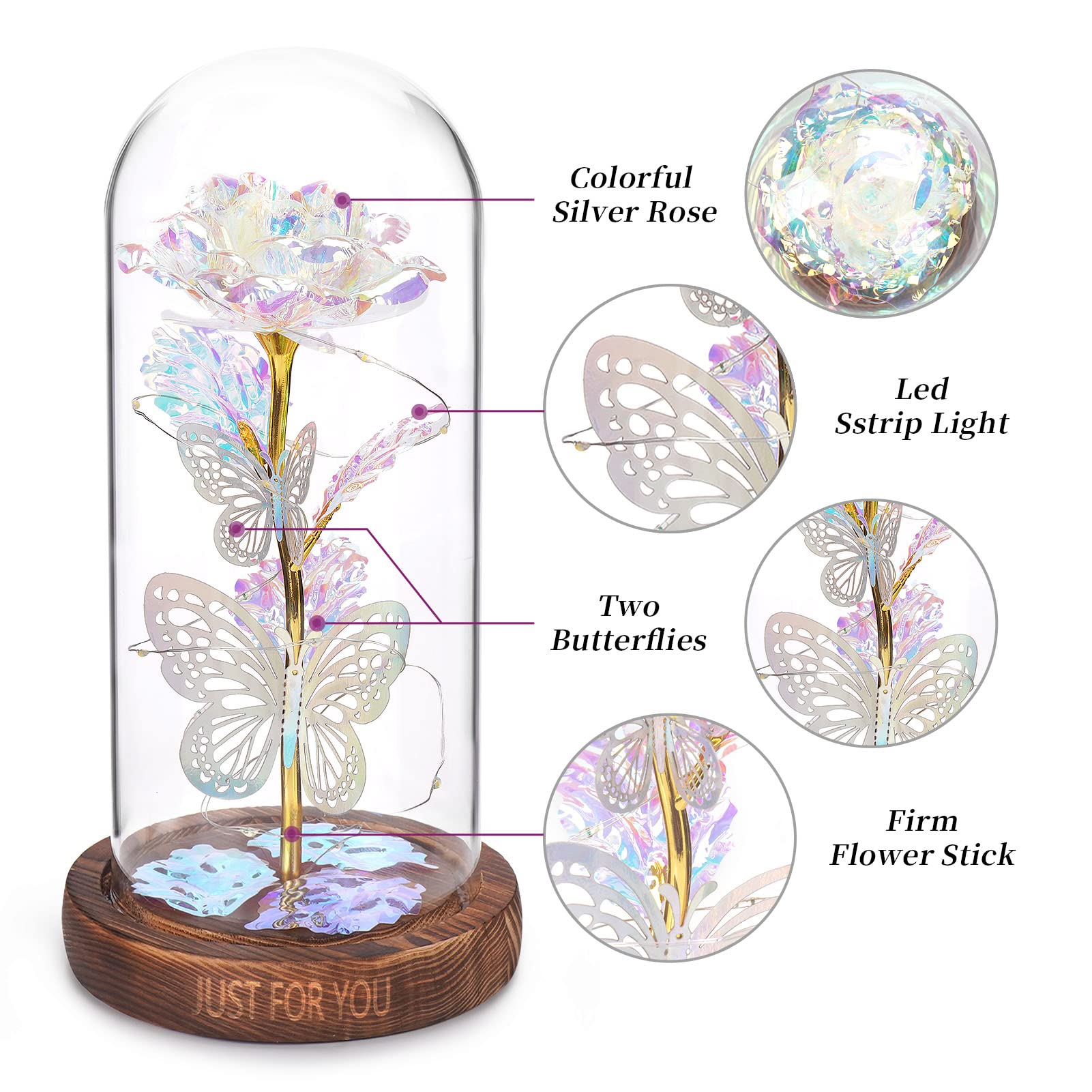 WOKEISE Mothers Day Rose Gifts for Mom,Wife,Grandma,Light Up Preserved Rose Flower Butterfly in Glass Dome,Personalized Birthday Gifts for Women,Girlfriend,Teenage Girls,Sister-Silver