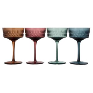 Art Deco Colored Crystal Coupe Glass | Set of 4 | Large 9.6oz Stemmed Glassware Muted Vintage Glasses for Champagne, Cocktail, Margarita, Wine Glass, Gift Idea, Pastel Unique Speakeasy Style Goblet