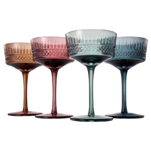 Art Deco Colored Crystal Coupe Glass | Set of 4 | Large 9.6oz Stemmed Glassware Muted Vintage Glasses for Champagne, Cocktail, Margarita, Wine Glass, Gift Idea, Pastel Unique Speakeasy Style Goblet