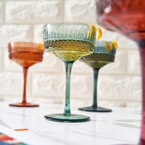 Art Deco Colored Crystal Coupe Glass | Set of 4 | Large 9.6oz Stemmed Glassware Muted Vintage Glasses for Champagne, Cocktail, Margarita, Wine Glass, Gift Idea, Pastel Unique Speakeasy Style Goblet