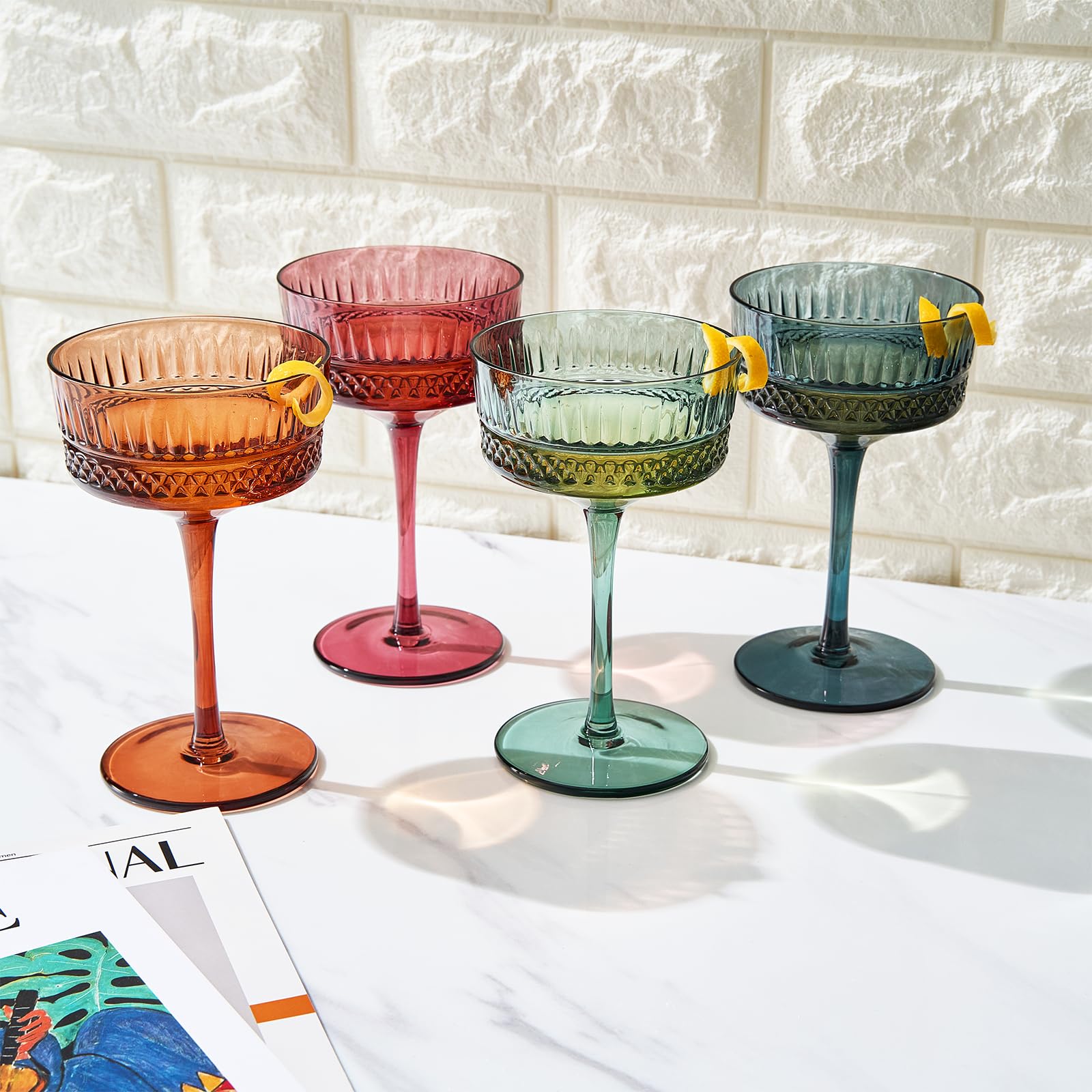 Art Deco Colored Crystal Coupe Glass | Set of 4 | Large 9.6oz Stemmed Glassware Muted Vintage Glasses for Champagne, Cocktail, Margarita, Wine Glass, Gift Idea, Pastel Unique Speakeasy Style Goblet