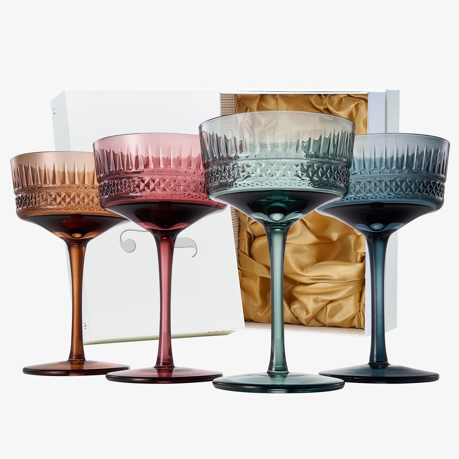 Art Deco Colored Crystal Coupe Glass | Set of 4 | Large 9.6oz Stemmed Glassware Muted Vintage Glasses for Champagne, Cocktail, Margarita, Wine Glass, Gift Idea, Pastel Unique Speakeasy Style Goblet