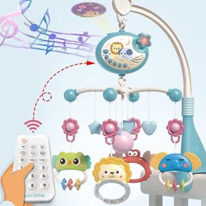 nutsball musical baby crib mobile with lights and remote control, hanging rotating animals rattles and ceiling light projector with stars, nursery toys with 400 melodies for ages 0+ months (blue)