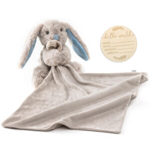 loveys for babies security blanket for boys girls newborn infant essentials - large stuffed super soft bunny animal snuggle plush toddler soothing toy with milestone card gift (blue/brown)