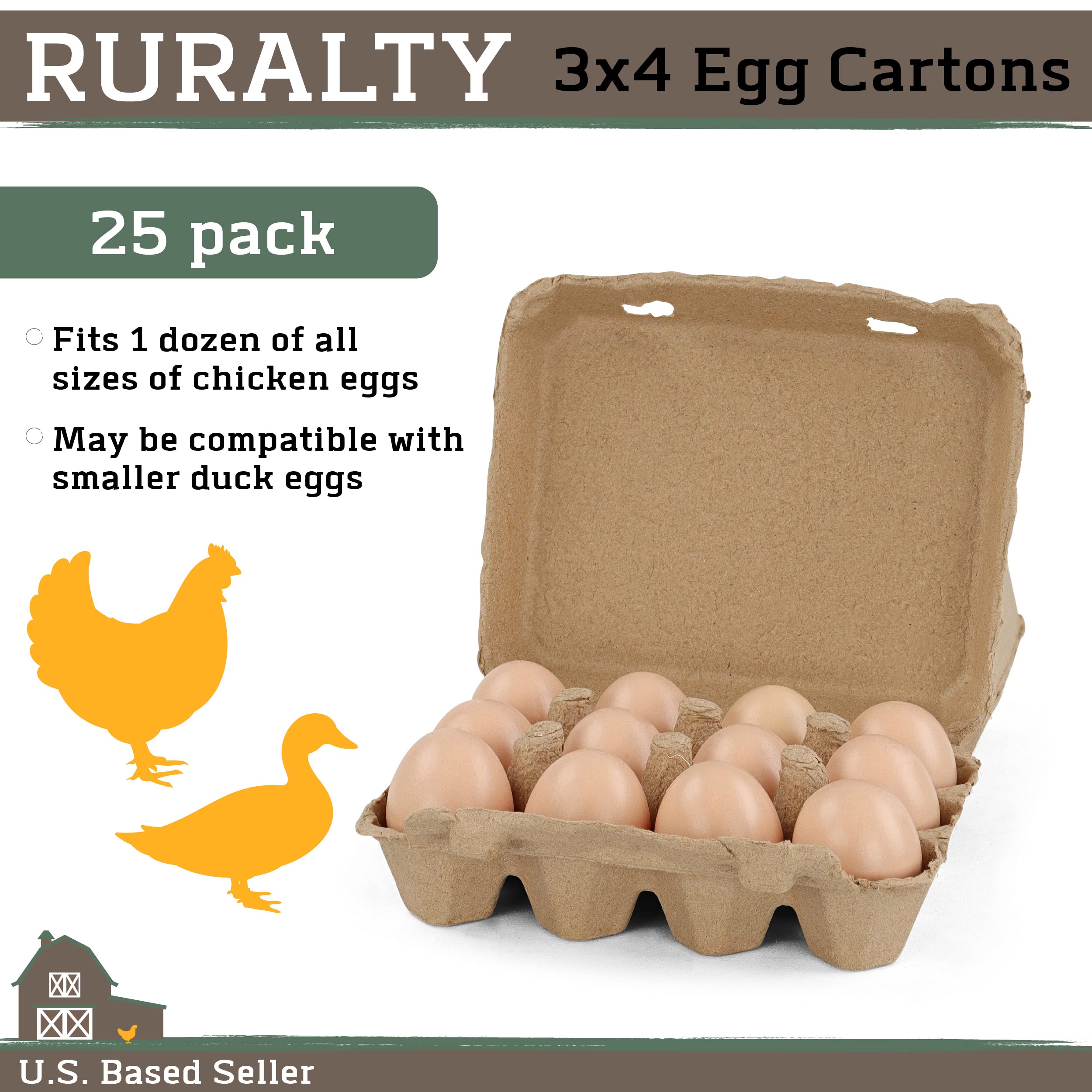 Ruralty Paper Egg Cartons for Chicken Eggs 25 Pack - Holds Dozen Jumbo Egg Cartons Bulk - Vintage 3x4 Flat Top Egg Cartons Made from Recycled Paper Pulp - Easily Personalized Blank Egg Cartons Bulk