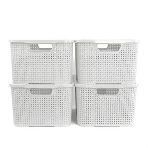 nitron plastic organizer rattan box with lid 16.9qt-4pack large pantry organizer bins household organizers for kitchen, shelves, countertops, desktops, cabinets, bedrooms and bathrooms (large, white)